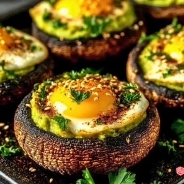 Avocado and egg stuffed portobello mushrooms on a white plate