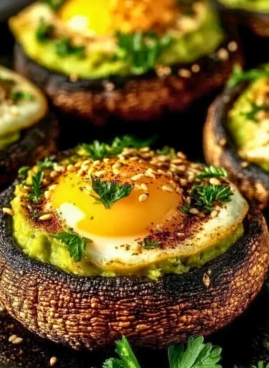 Avocado and egg stuffed portobello mushrooms on a white plate