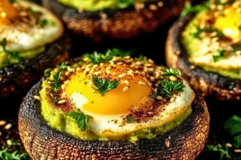 Avocado and egg stuffed portobello mushrooms on a white plate
