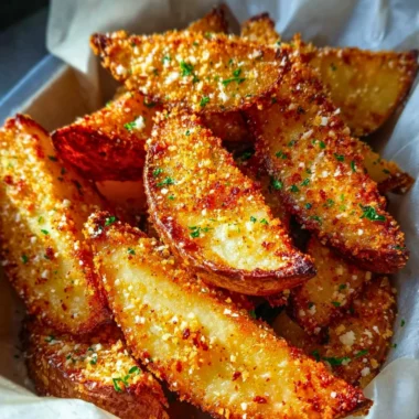 Baked garlic parmesan potato wedges served on a plate with herbs