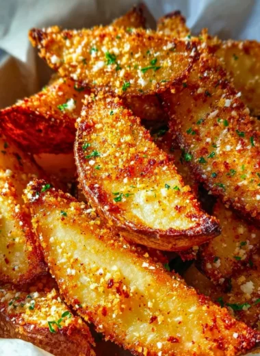 Baked garlic parmesan potato wedges served on a plate with herbs