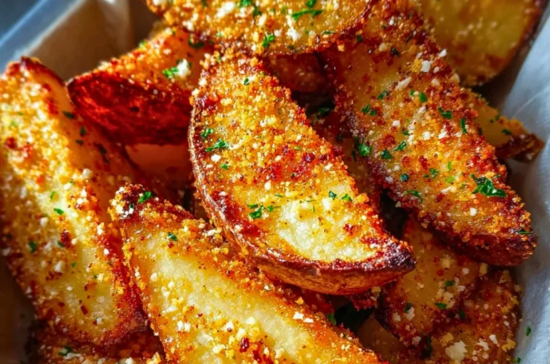 Baked garlic parmesan potato wedges served on a plate with herbs