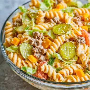 Delicious Big Mac Pasta Salad served in a bowl, featuring pasta and burger ingredients.