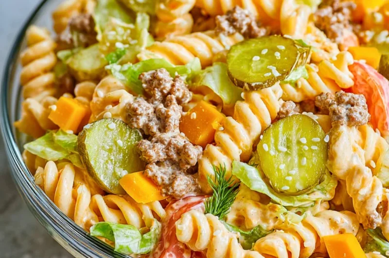 Delicious Big Mac Pasta Salad served in a bowl, featuring pasta and burger ingredients.