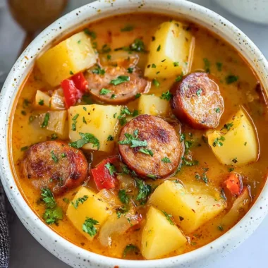 Delicious bowl of Cajun Potato Soup garnished with herbs