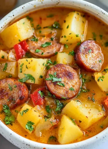 Delicious bowl of Cajun Potato Soup garnished with herbs