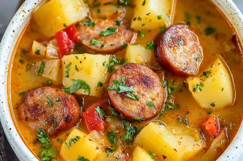 Delicious bowl of Cajun Potato Soup garnished with herbs