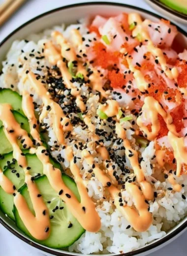 California Roll Sushi Bowl featuring fresh ingredients like cucumber, crab, and avocado.