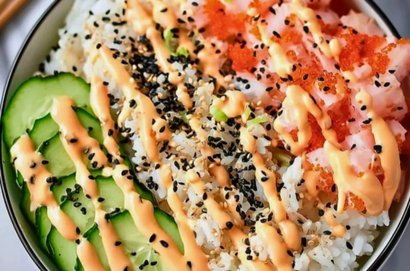 California Roll Sushi Bowl featuring fresh ingredients like cucumber, crab, and avocado.