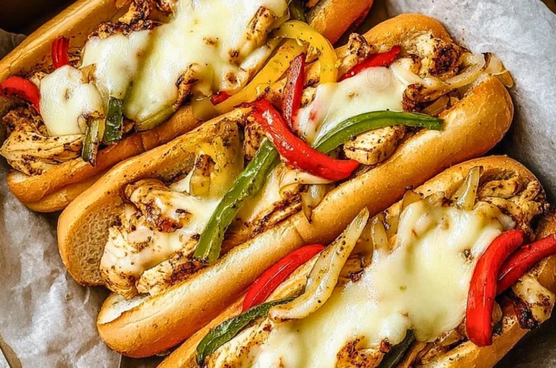 Delicious Chicken Philly Cheese Steaks with melted cheese and fresh toppings