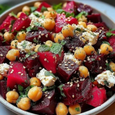 Chickpea, beet, and feta salad in a bowl, garnished with fresh herbs.