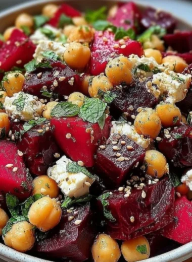 Chickpea, beet, and feta salad in a bowl, garnished with fresh herbs.