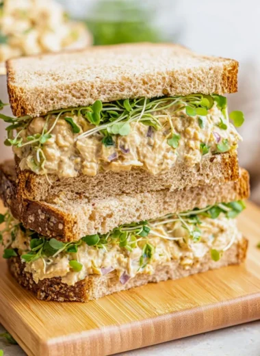 Chickpea salad sandwich filled with fresh ingredients on whole grain bread.