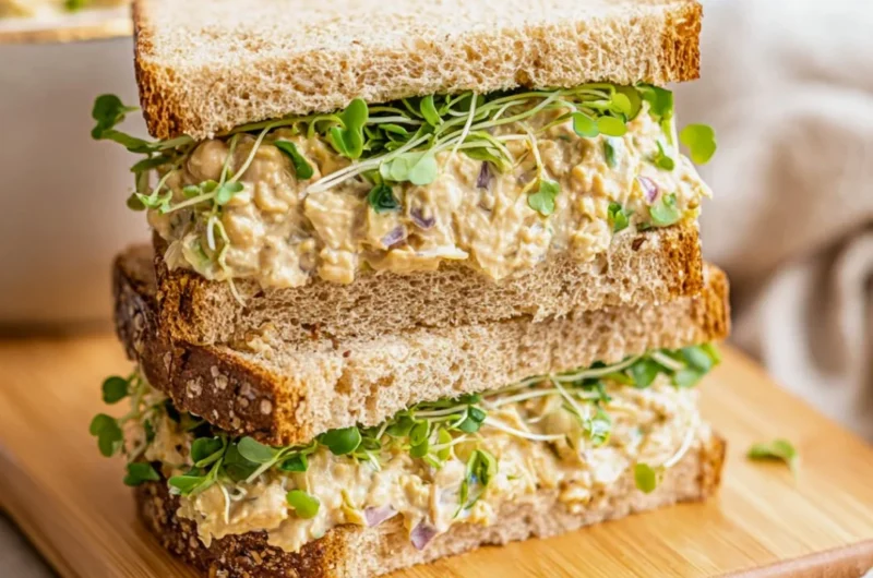 Chickpea salad sandwich filled with fresh ingredients on whole grain bread.