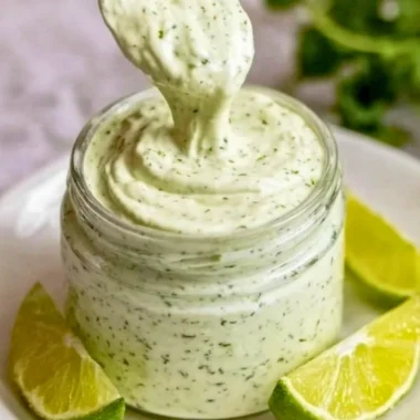 Homemade cilantro garlic sauce in a bowl with fresh cilantro and garlic cloves