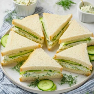 Classic cucumber sandwiches served on a platter with fresh herbs
