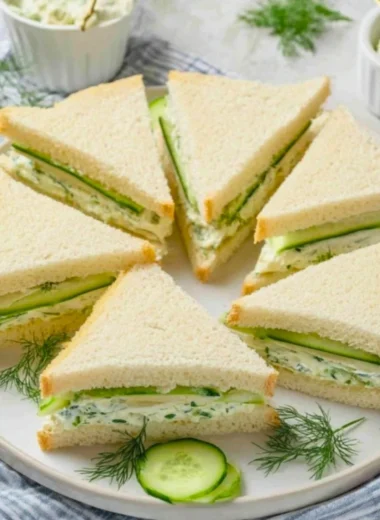 Classic cucumber sandwiches served on a platter with fresh herbs