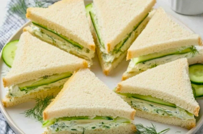 Classic cucumber sandwiches served on a platter with fresh herbs