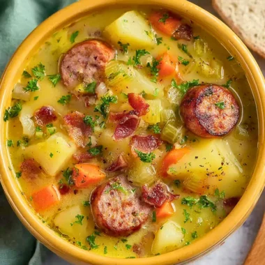 Bowl of classic German potato soup with sausage and herbs