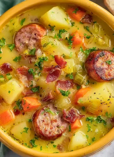 Bowl of classic German potato soup with sausage and herbs