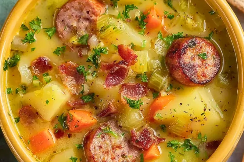 Bowl of classic German potato soup with sausage and herbs