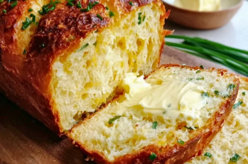 Delicious homemade cottage cheese bread served on a wooden table