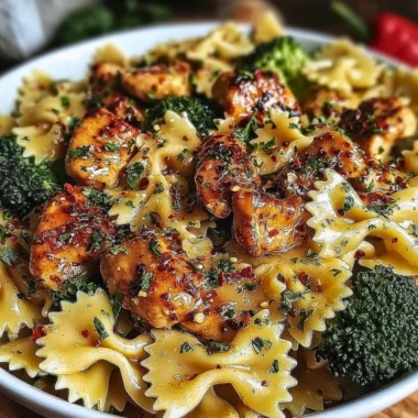 Cowboy Butter Lemon Bowtie Chicken served with broccoli on a plate