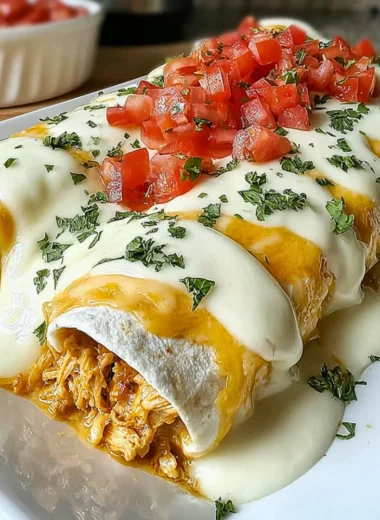 Creamy queso chicken enchiladas topped with melted cheese and fresh toppings