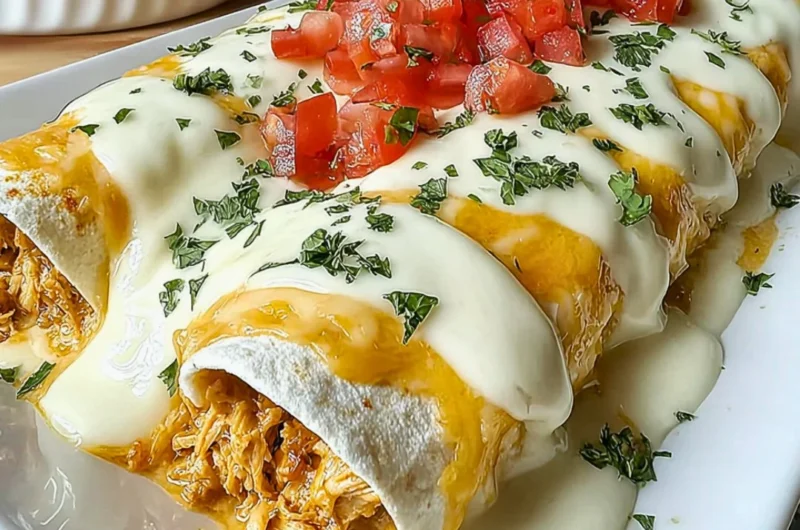 Creamy queso chicken enchiladas topped with melted cheese and fresh toppings