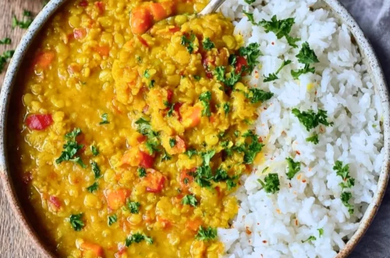 Creamy red lentil dahl served in a bowl with herbs and spices