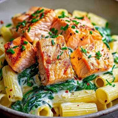 A plate of creamy salmon pasta topped with herbs and lemon slices