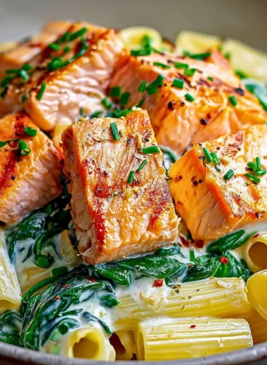 A plate of creamy salmon pasta topped with herbs and lemon slices