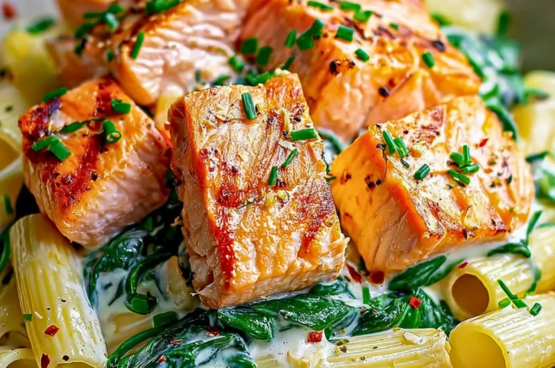 A plate of creamy salmon pasta topped with herbs and lemon slices