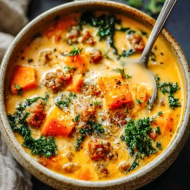 Delicious bowl of creamy sweet potato and sausage soup topped with herbs