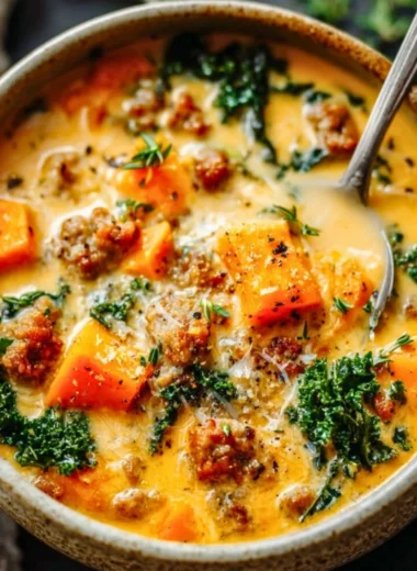 Delicious bowl of creamy sweet potato and sausage soup topped with herbs