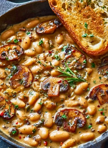 Creamy white bean and mushroom skillet dish for vegetarian dinner