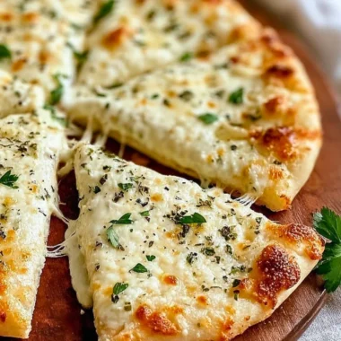 Creamy white garlic pizza sauce in a bowl with fresh garlic and herbs