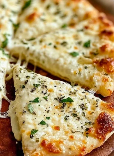 Creamy white garlic pizza sauce in a bowl with fresh garlic and herbs