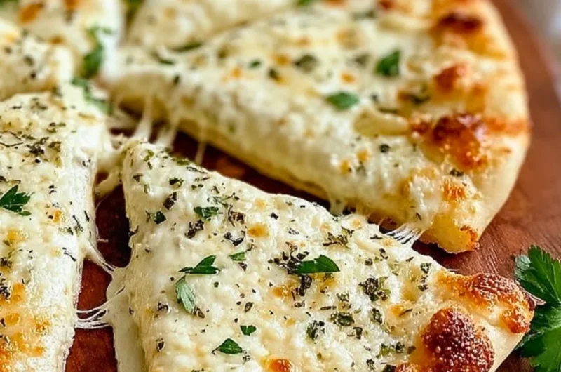 Creamy white garlic pizza sauce in a bowl with fresh garlic and herbs