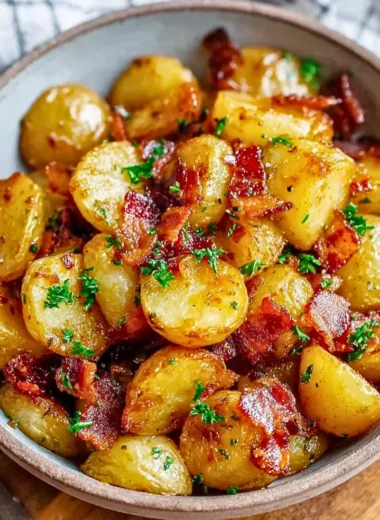 Crispy Bacon Honey Roasted Potatoes served on a plate