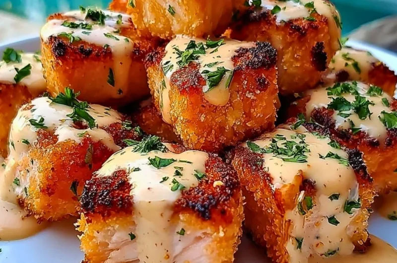 Crispy Bang Bang Salmon Bites served on a plate with dipping sauce
