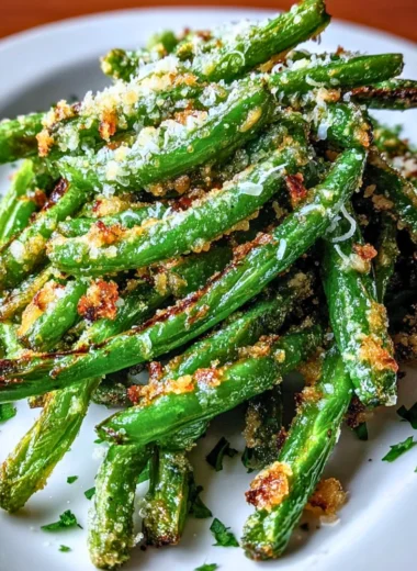 Crispy garlic parmesan roasted green beans on a plate