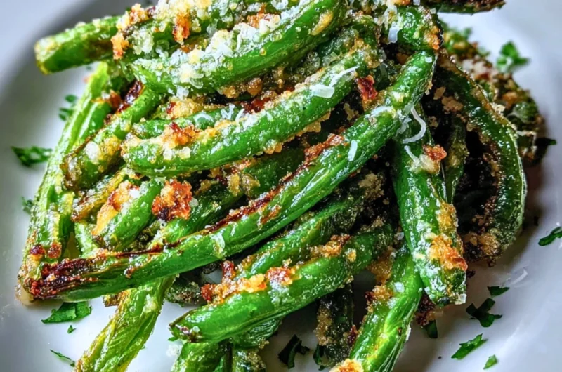 Crispy garlic parmesan roasted green beans on a plate