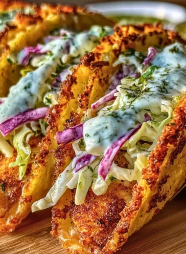 Dill Pickle Ranch Smash Chicken Tacos topped with crispy cheese