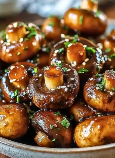 Delicious oven-roasted mushrooms seasoned with soy sauce and honey