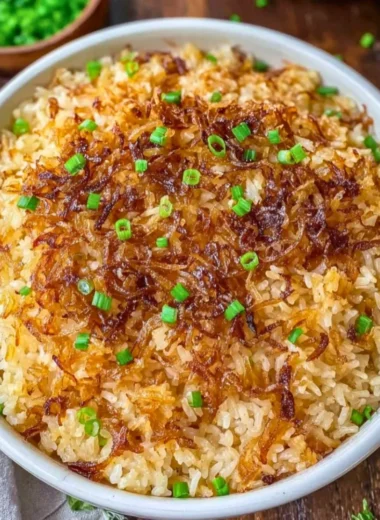 Bowl of flavorful French Onion Butter Rice served as a side dish