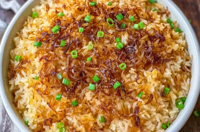 Bowl of flavorful French Onion Butter Rice served as a side dish