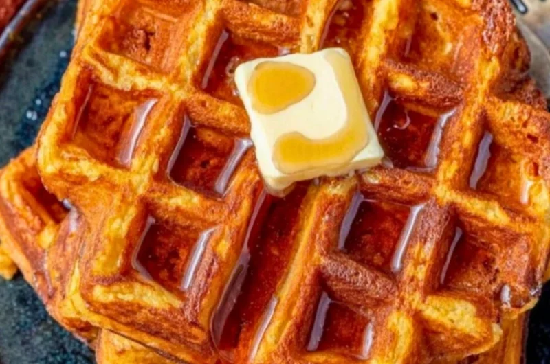 Delicious French toast waffles drizzled with syrup and topped with fresh berries