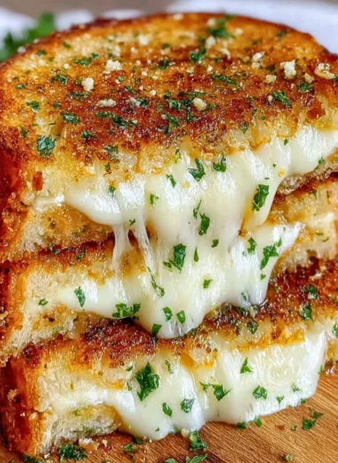 Garlic Bread Grilled Cheese sandwich with melted cheese and crispy edges
