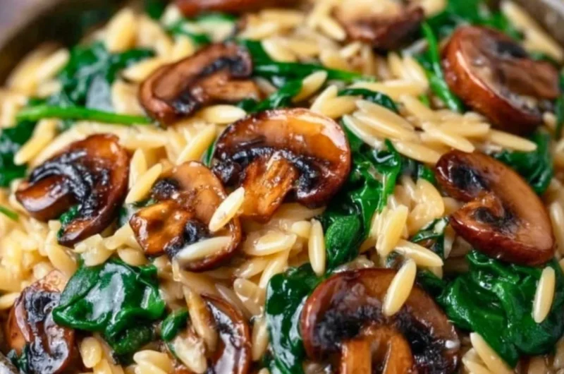 Creamy Garlic Butter Orzo with Mushrooms and Spinach in a bowl